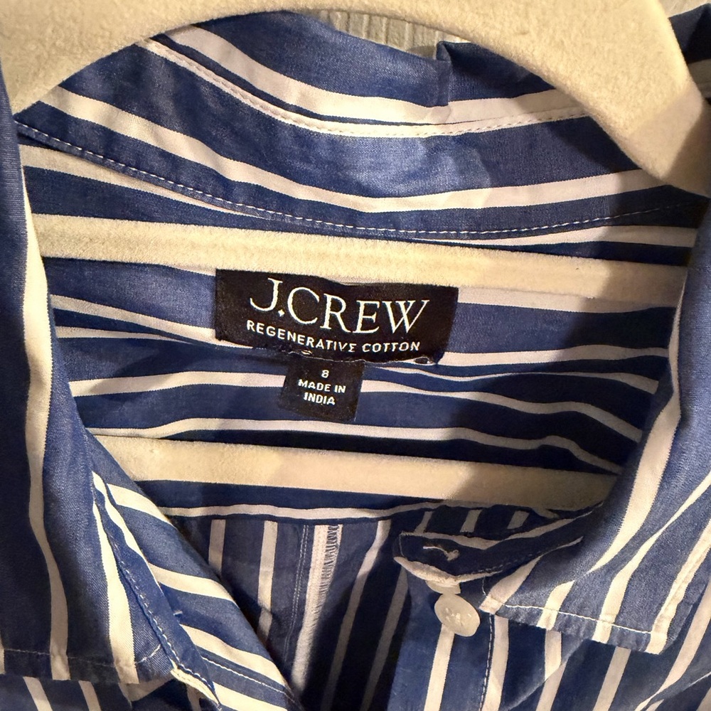 J. Crew Navy and White Vertical Stripe Shirt Dress with Tie - Picture 2 of 3